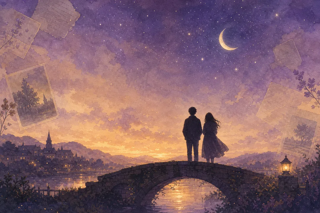 星空下两人并肩望向小桥