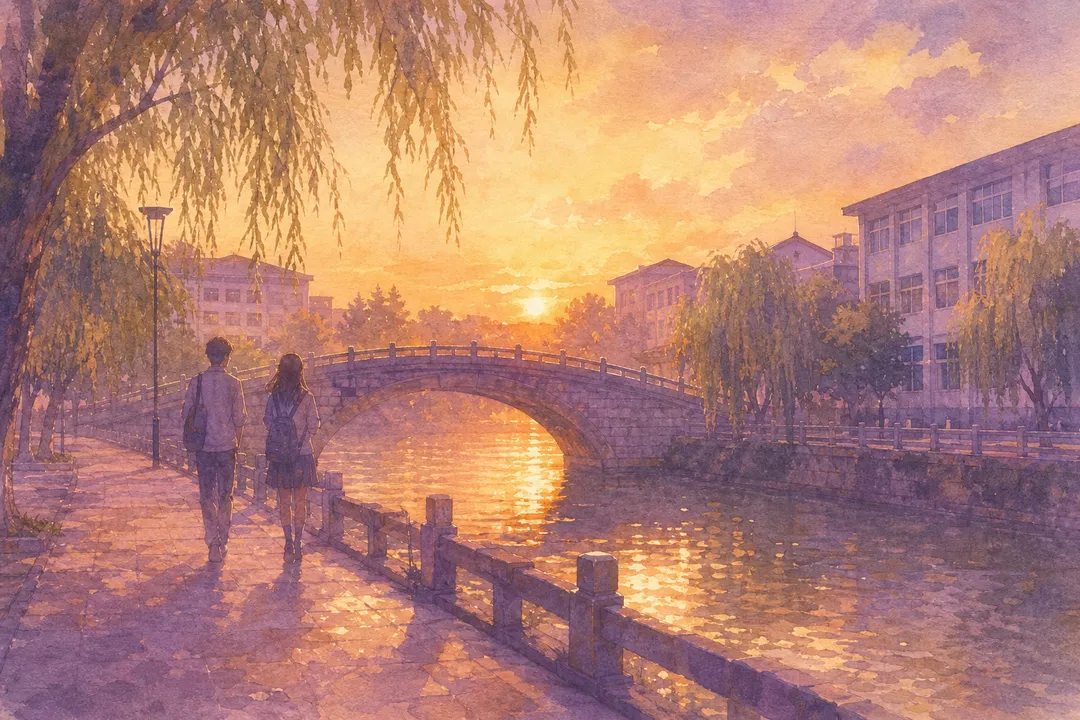 吉安高中旁的桥与河流 黄昏水彩 两个背影