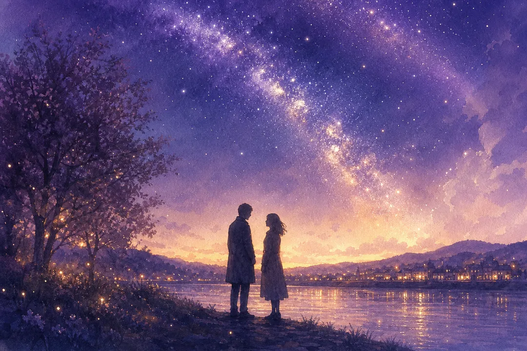 星河下多年后重逢的两个背影